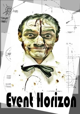 man in white shirt and bow tie and a giant smile but with blood dripping down his face, on a background of engineering drawings