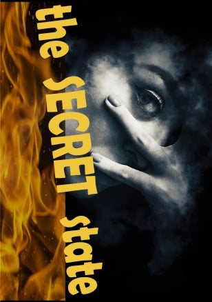 fore on one side, woman with hand covering her face on the other, dark as if scorched black by the fire