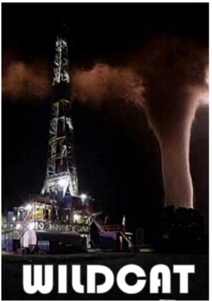 night lighting on drilling rig with a tornado approaching